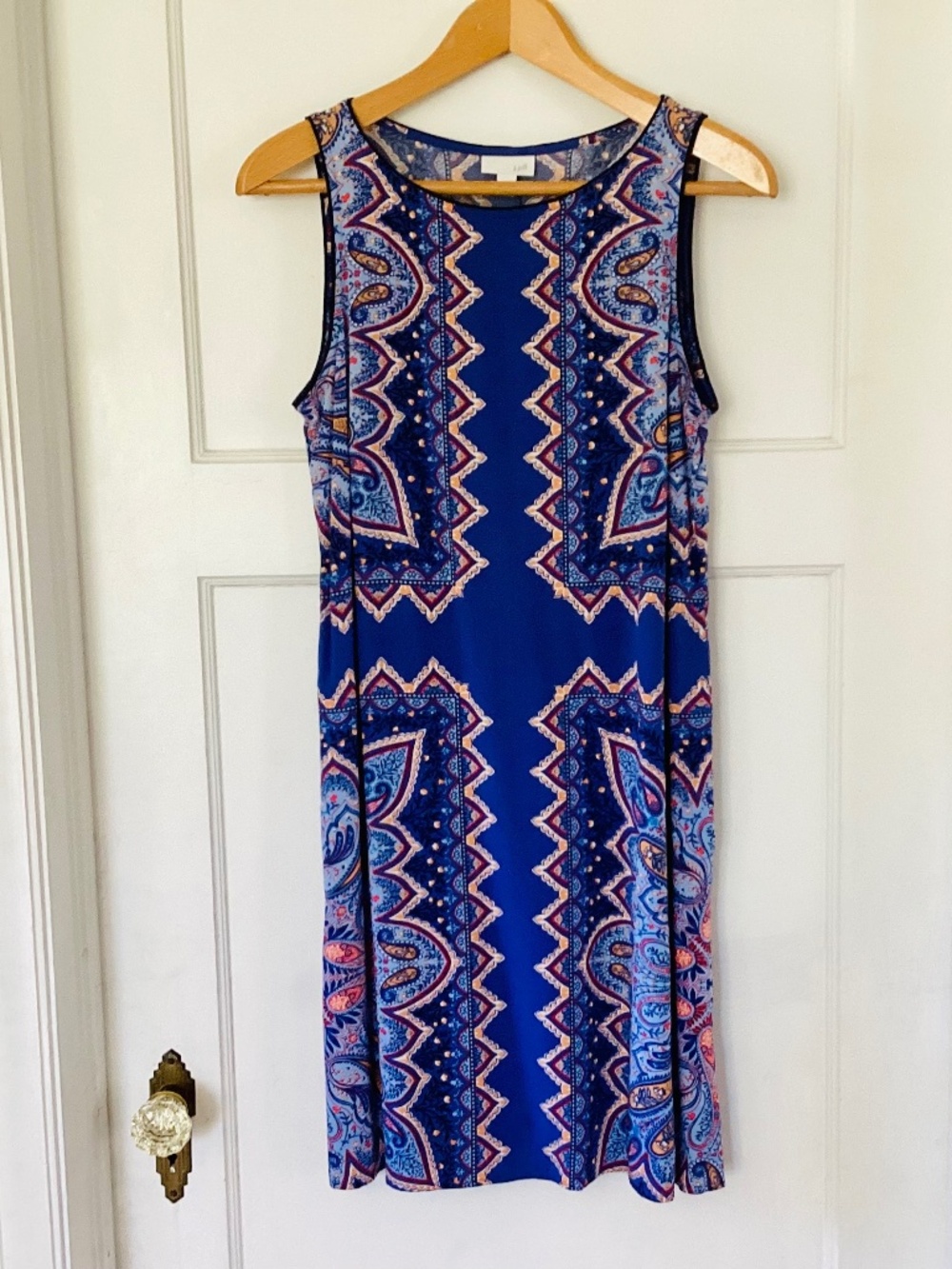 J. Jill Majestic Blue Purple Paisley Boat Neck Dress Knit Border Print Size XS